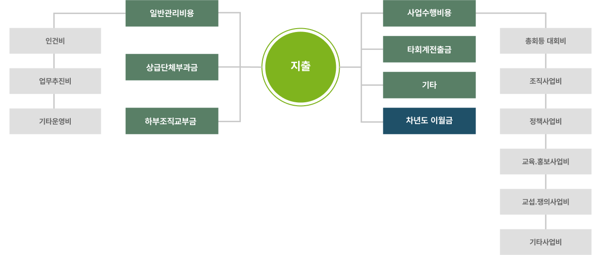 지출 조직도 이미지 : 지출 - 일반관리비용(인건비, 업무추진비, 기타운영비), 상급단체부과금, 하부조직교부금, 사업수행비용(총회등 대회비, 조직사업비, 정책사업비, 교육·홍보사업비, 교섭·쟁의사업비, 기타사업비), 타회계전출금, 기타, 차년도 이월금