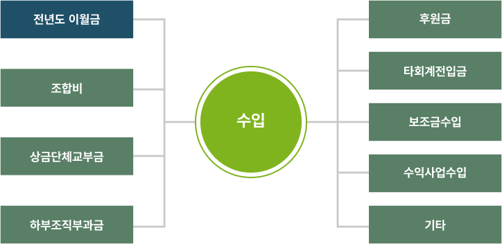 수입 조직도 이미지 : 전년도 이월금, 조합비, 상금단체교부금, 하부조직부과금, 후원금, 타회계전입금, 보조금수입, 수익사업수입, 기타